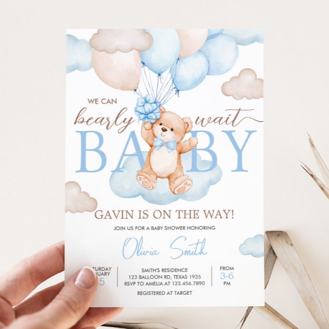 Blue Baby Bear Balloon Baby Shower Invitation (Blue Bearly Wait Baby Bear Balloon Baby Shower Invitation)