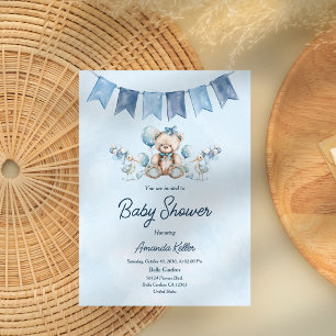 Blue Baby Bear & Balloons Baby Shower  Invitation