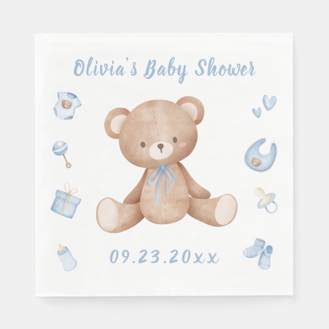 Blue Baby Bear Boy Cute Baby Shower Napkin (Front)