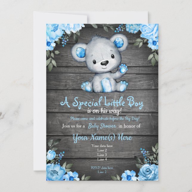 Blue Baby Bear Douche invitation rustique Invitati (Devant)