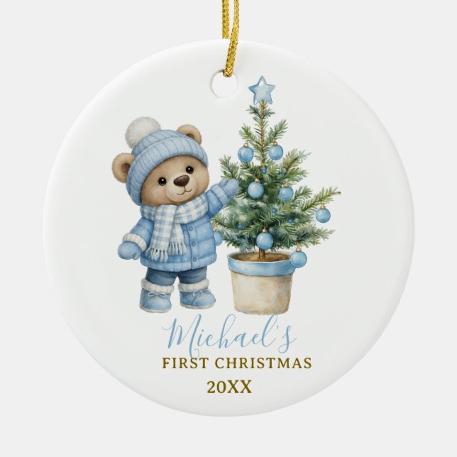 Blue Baby Bear First Christmas Keepsake Ceramic Ornament (Front)