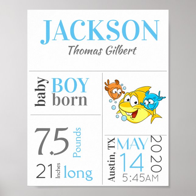 Blue Baby Birth Stat Sign with Baby Shark (Front)