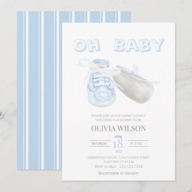 Blue Baby Bootie Watercolor Baby Shower Invitation (Front/Back)