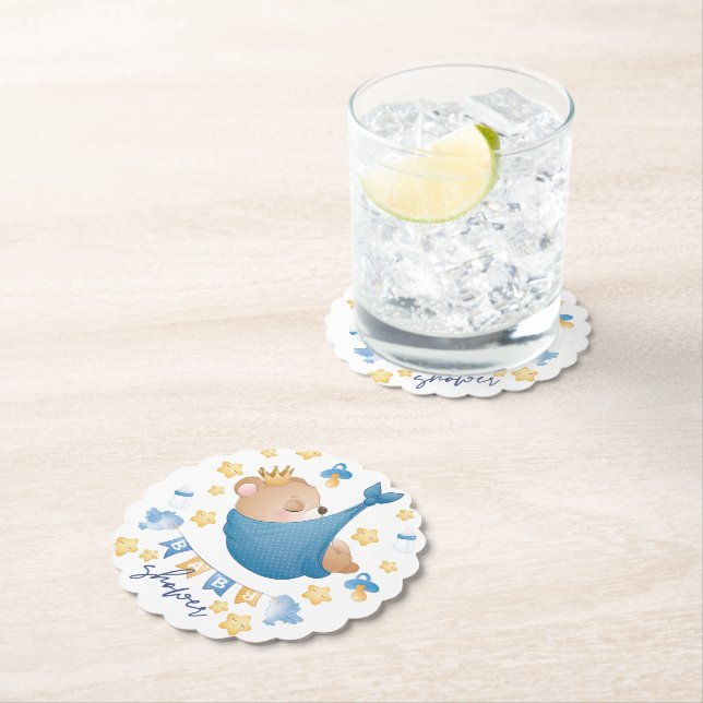 Blue Baby Boy Baby Shower Bear Paper Coaster (Insitu)