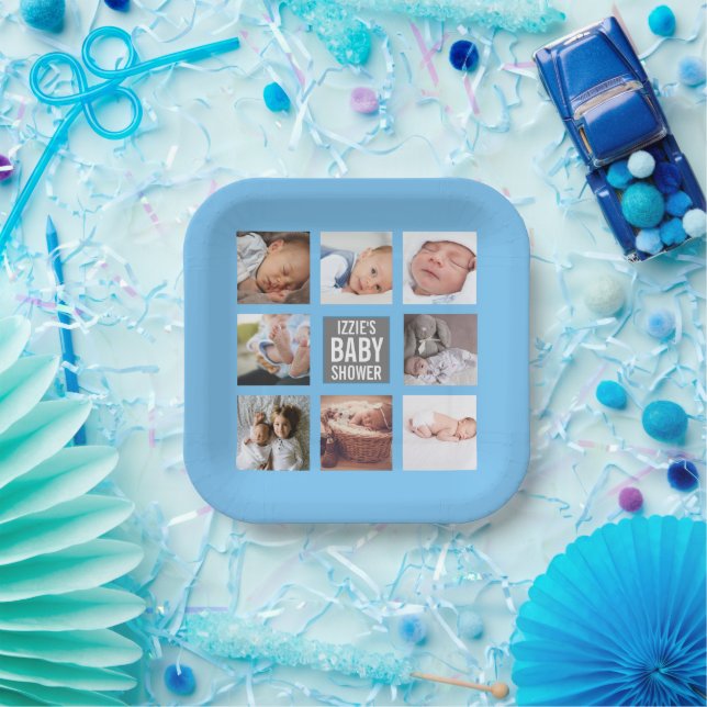Blue Baby Boy Baby Shower Photo Collage  Paper Plate (Party)