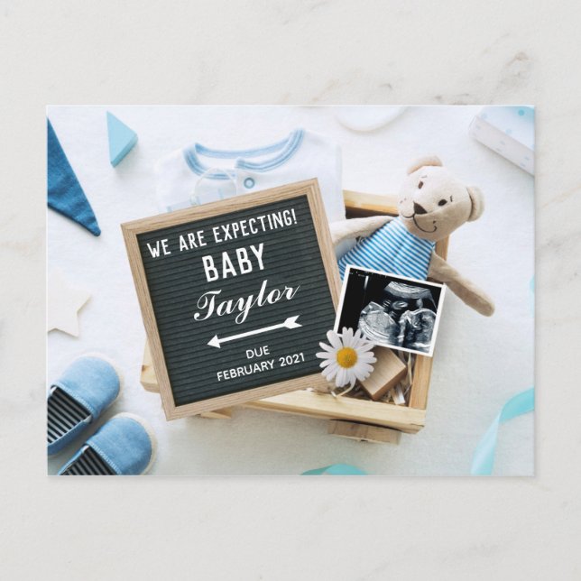 Blue Baby Boy Bear Pregnancy Announcement Postcard (Front)