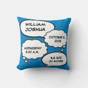 Blue Baby Boy Birth Stats Fun Comic Book Keepsake Throw Pillow