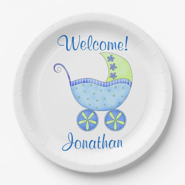 Blue Baby Boy Buggy Welcome Name Personalized Paper Plate (Front)