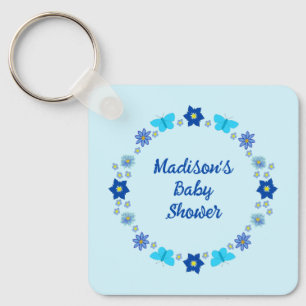 Blue Baby Boy Butterflies and Flowers Baby Shower Keychain