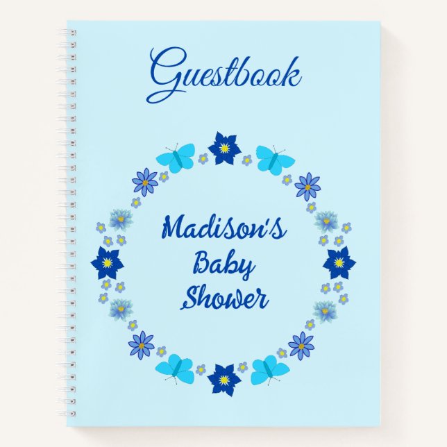 Blue Baby Boy Butterflies and Flowers Baby Shower Notebook (Front)