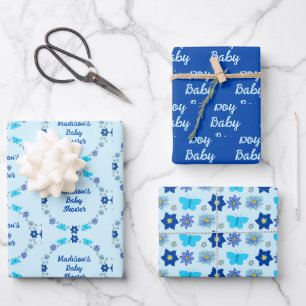 Blue Baby Boy Butterflies and Flowers Baby Shower Wrapping Paper Sheet