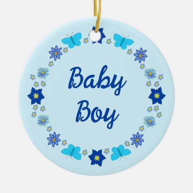 Blue Baby Boy Butterflies and Flowers Custom Ceramic Ornament (Front)
