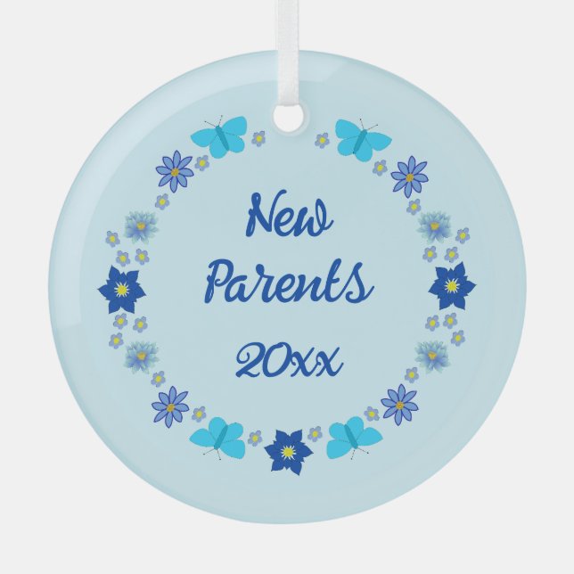 Blue Baby Boy Butterflies and Flowers Custom Glass Ornament (Front)