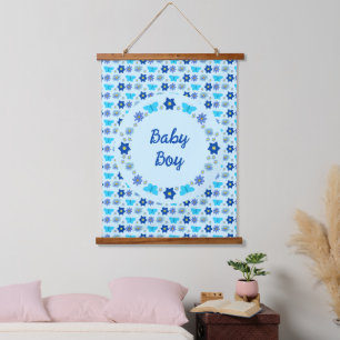 Blue Baby Boy Butterflies and Flowers Custom Hanging Tapestry