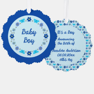 Blue Baby Boy Butterflies and Flowers Custom Ornament Card