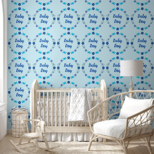 Blue Baby Boy Butterflies and Flowers Custom Wallpaper