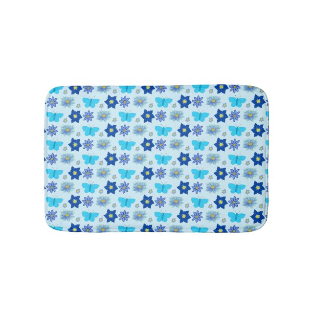 Blue Baby Boy Butterflies and Flowers Patterned Bath Mat (Front)
