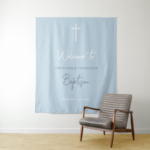 Blue Baby Boy Calligraphy Baptism Welcome Sign  Tapestry