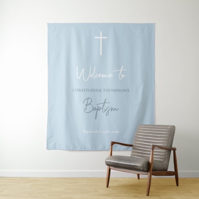 Blue Baby Boy Calligraphy Baptism Welcome Sign  Tapestry (In Situ)