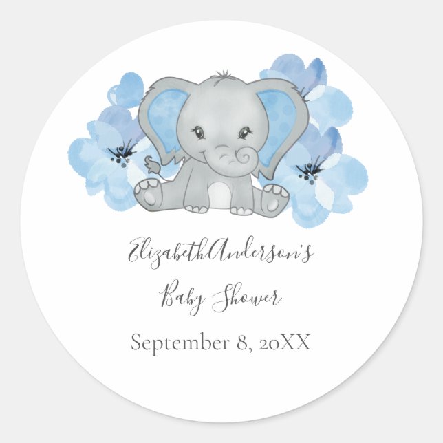 Blue Baby Boy Elephant Baby Shower Flowers Balloon Classic Round Sticker (Front)