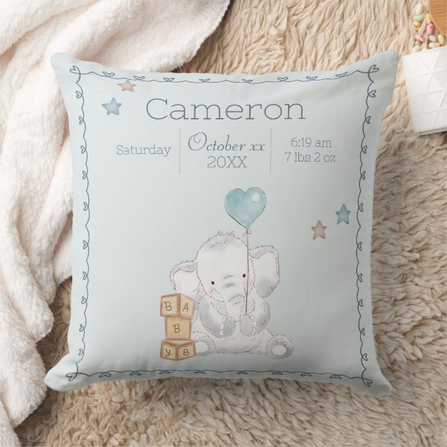 Blue Baby Boy Elephant Custom Name Keepsake Throw Pillow (Blanket)