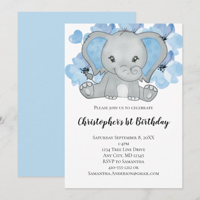 Blue Baby Boy Elephant Flowers Balloons Birthday  Invitation (Front/Back)