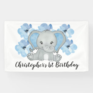 Blue Baby Boy Elephant Flowers Birthday Banner