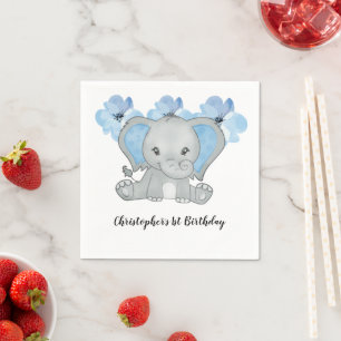 Blue Baby Boy Elephant Flowers Birthday Napkin
