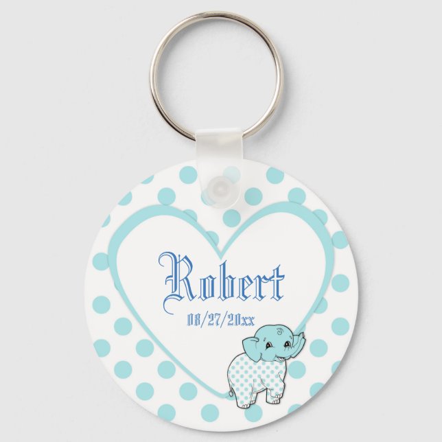 Blue Baby Boy Elephant Heart and Polka Dots Keychain (Front)