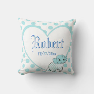 Blue Baby Boy Elephant Heart and Polka Dots Throw Pillow
