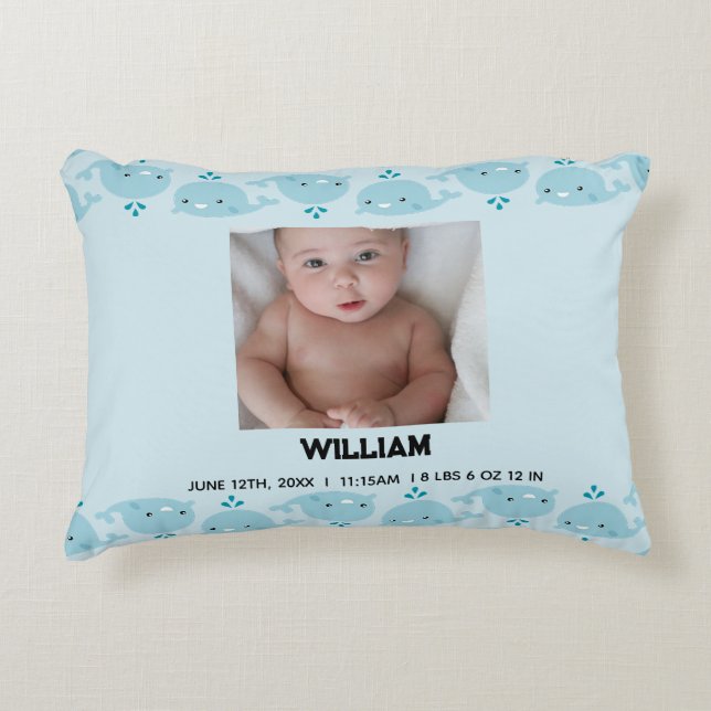 Blue Baby Boy Name Birth Date Stats | Photo Baby Accent Pillow (Front)