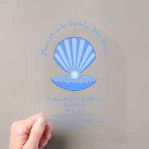 Blue Baby Boy Oyster shell and Pearl Baby Shower Acrylic Invitations