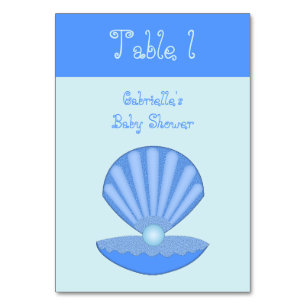 Blue Baby Boy Oyster shell and Pearl Baby Shower Table Number