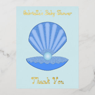 Blue Baby Boy Oyster shell and Pearl Custom Foil Holiday Postcard