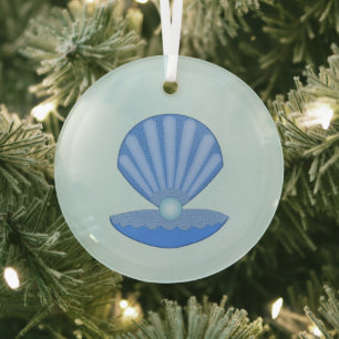 Blue Baby Boy Oyster shell and Pearl Glass Ornament