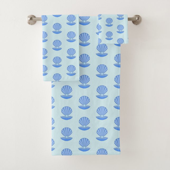 Blue Baby Boy Oyster shell and Pearl Patterned Bath Towel Set (Insitu)