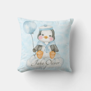 Blue Baby Boy Penguin Throw Pillow