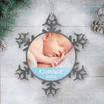 Blue Baby Boy Personalized Name Photo Snowflake Pewter Christmas Ornament<br><div class="desc">Simply elegant photo ornament for baby's First Christmas can be personalized with a newborn photo and custom text for the first name. The blue background color can be changed to match your photo!</div>