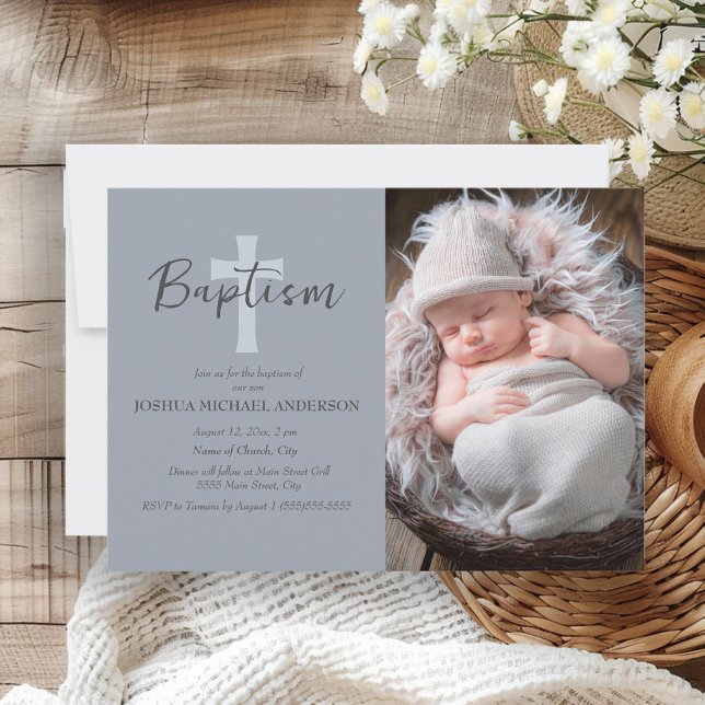 Blue Baby Boy Photo Baptism Cross Invitation (Dusty blue baby baptism photo invitation)