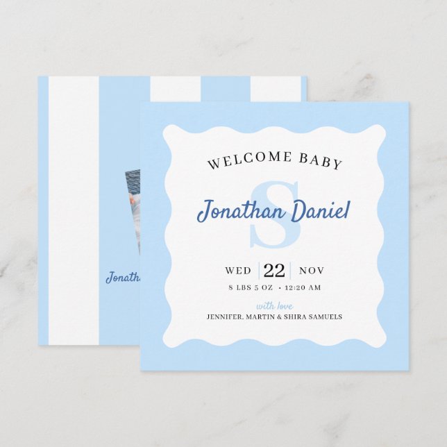 Blue Baby Boy Photo Birth Announcement (Front/Back)