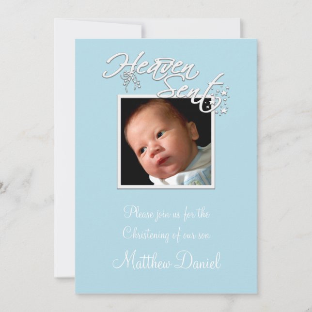 Blue Baby Boy Photo Christening Invitation (Front)