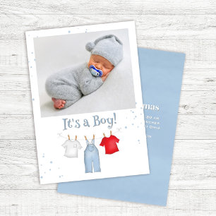 Blue Baby Boy Photo Clothesline Custom Announcement