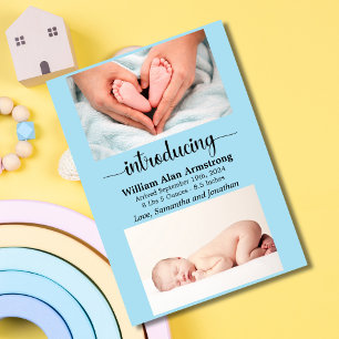 Blue Baby Boy Size and Weight Photo Birth Announcement