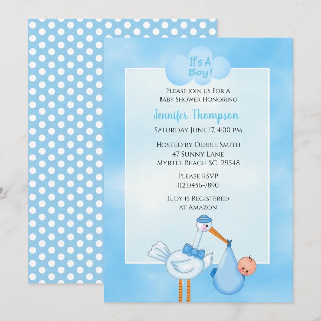 Blue Baby Boy Stork Douche Invitations (Devant / Derrière)