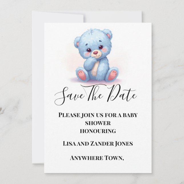 Blue Baby Boy Teddy Bear Save the Date Invitation (Front)