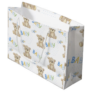 Blue Baby Boy Teddy Bear Watercolor Baby Shower Large Gift Bag
