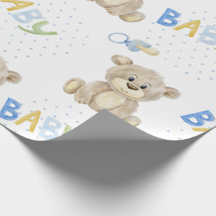 Blue Baby Boy Teddy Bear Watercolor Baby Shower  Wrapping Paper