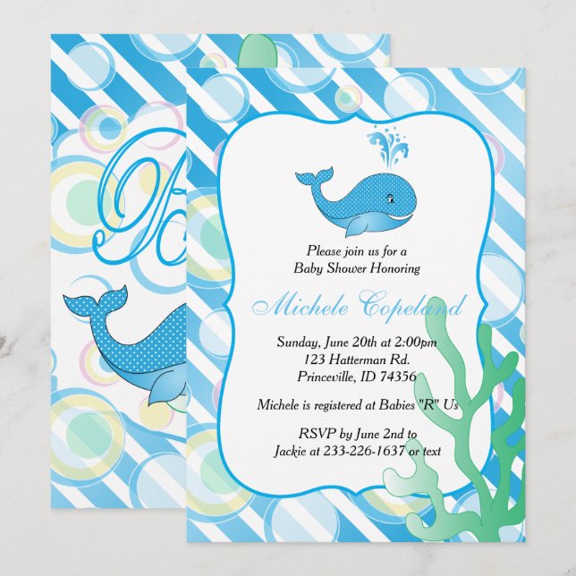 Blue Baby Boy Whale Baby Shower Invitation (Front/Back)