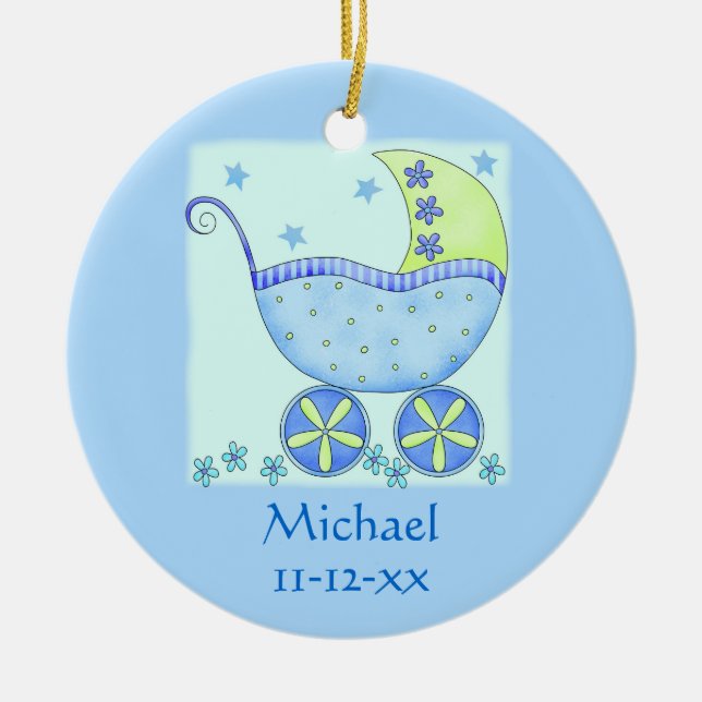 Blue Baby Buggy Carriage Name Birth Date Custom Ceramic Ornament (Front)