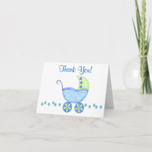 Blue Baby Buggy Carriage Thank You Card